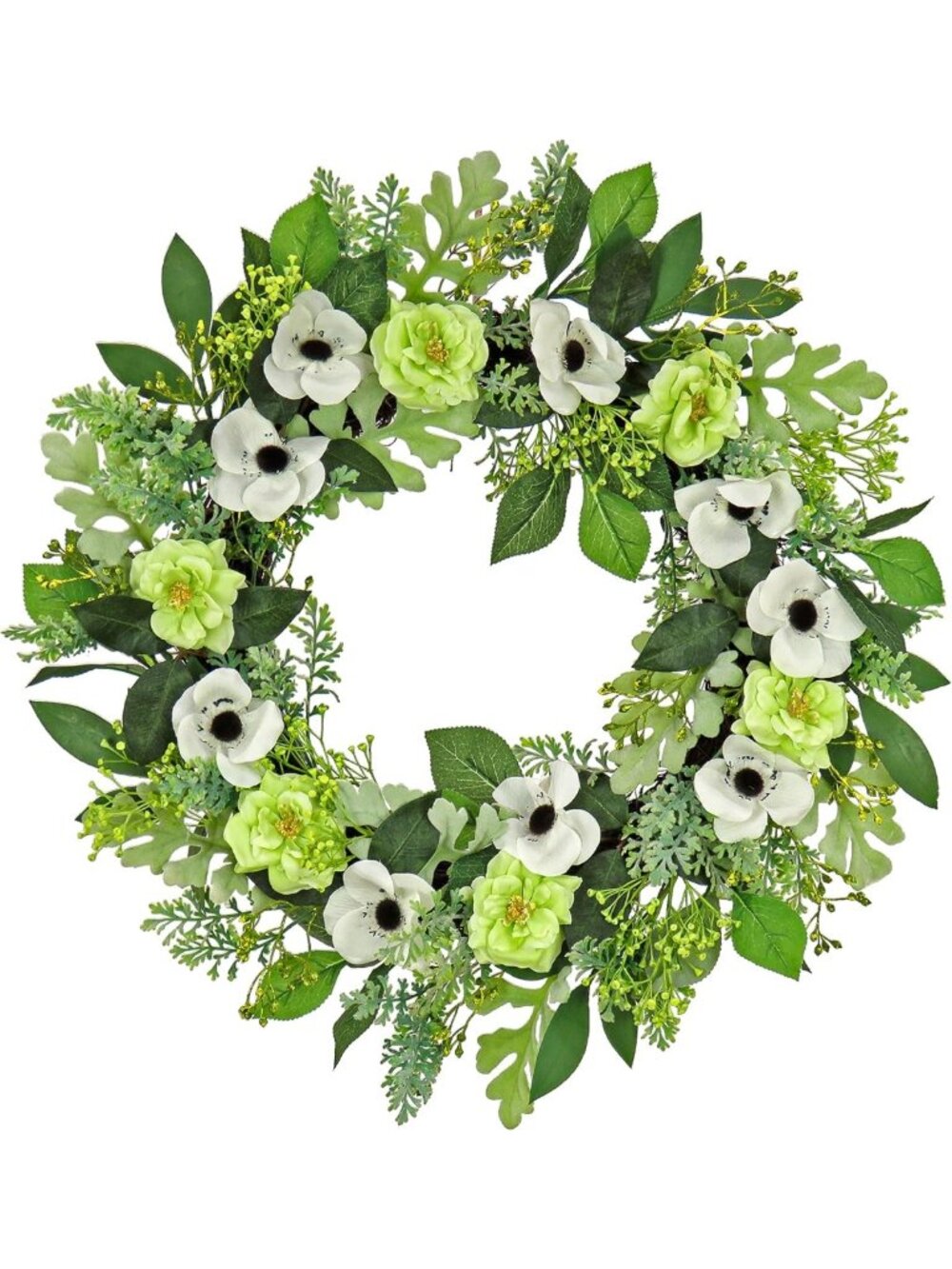 24" Artificial Spring Wreath with Roses & Anemones - Realistic Floral Decor for